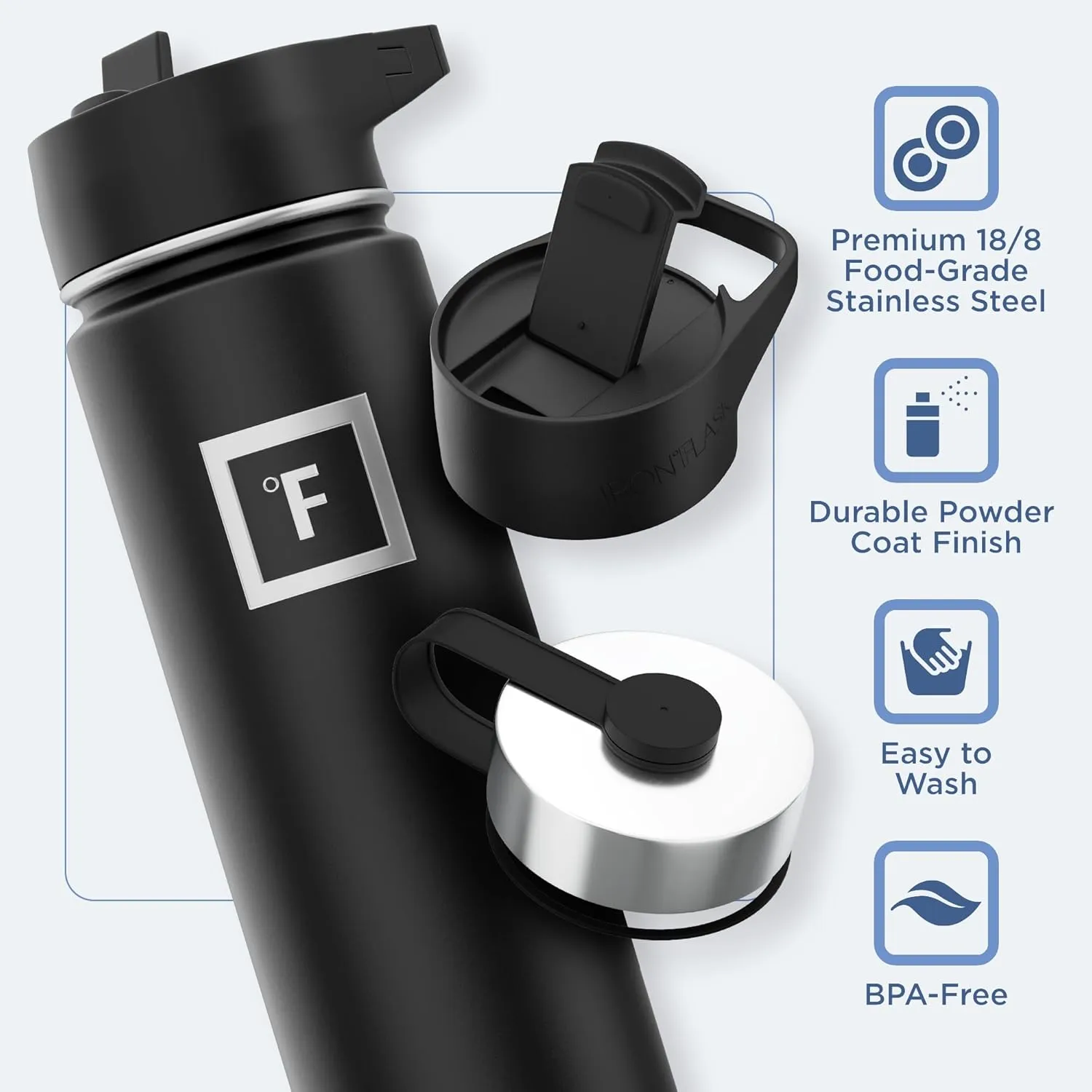 IRON °FLASK Camping & Hiking Hydration Flask with 3 Lids - Stainless Steel, Double Walled & Vacuum Insulated Water Bottle - Leak Proof & BPA Free (Sky, Straw - 22 oz)