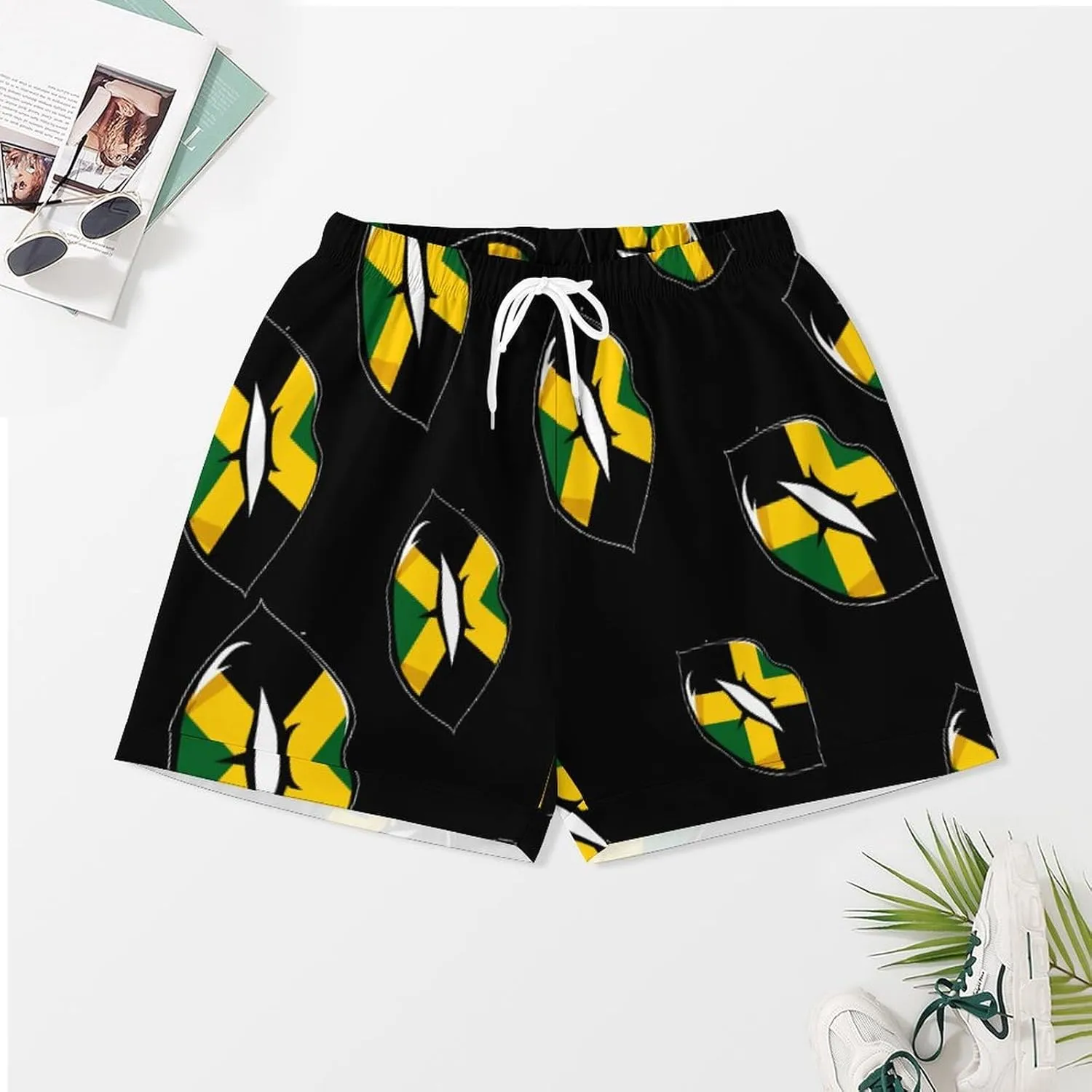 Jamaican Flag Lip Women's Satin Pajama Set Short Sleeve Button Down Sleepwear Loungewear Pj Set