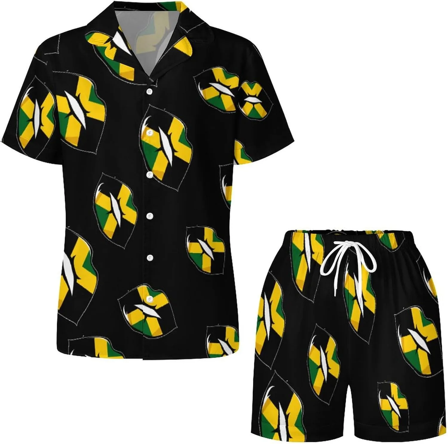 Jamaican Flag Lip Women's Satin Pajama Set Short Sleeve Button Down Sleepwear Loungewear Pj Set
