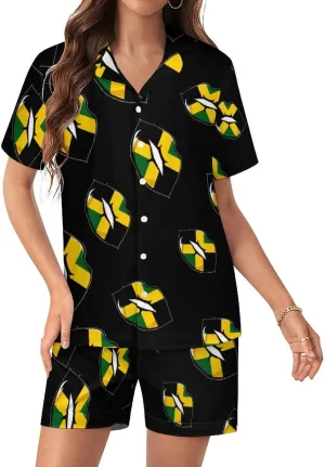 Jamaican Flag Lip Women's Satin Pajama Set Short Sleeve Button Down Sleepwear Loungewear Pj Set
