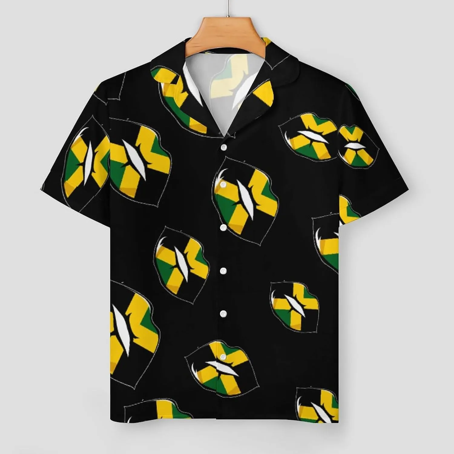Jamaican Flag Lip Women's Satin Pajama Set Short Sleeve Button Down Sleepwear Loungewear Pj Set