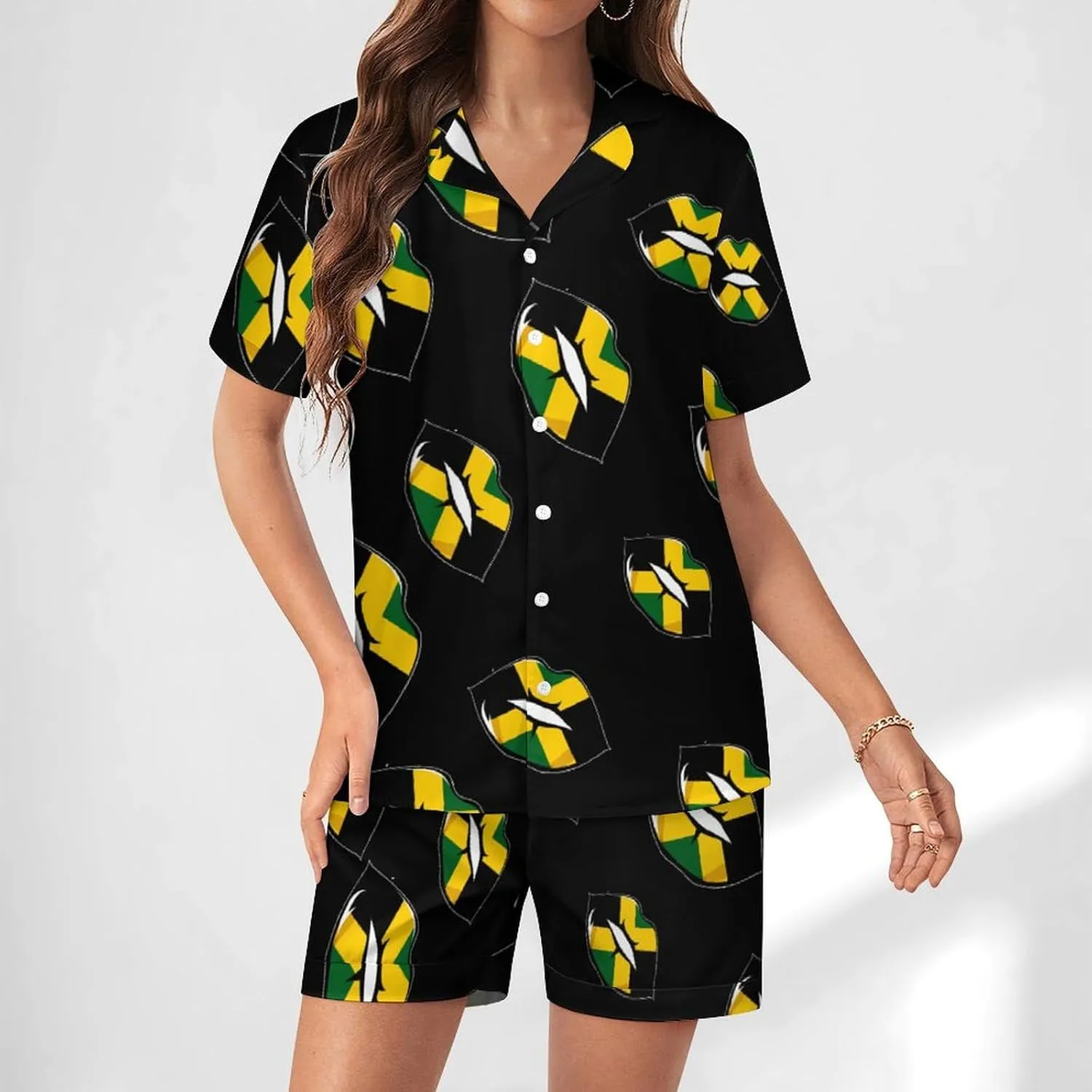 Jamaican Flag Lip Women's Satin Pajama Set Short Sleeve Button Down Sleepwear Loungewear Pj Set