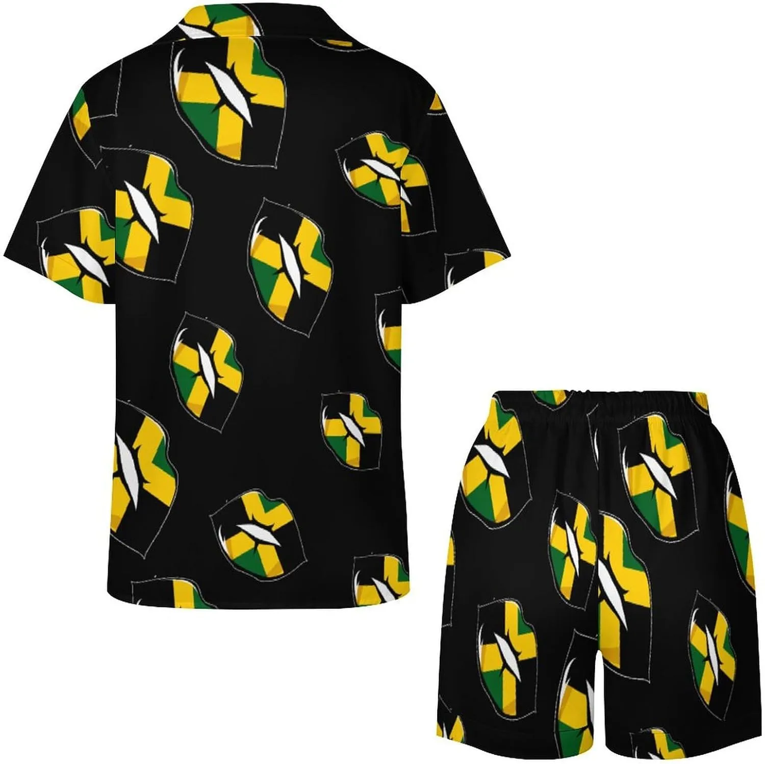 Jamaican Flag Lip Women's Satin Pajama Set Short Sleeve Button Down Sleepwear Loungewear Pj Set