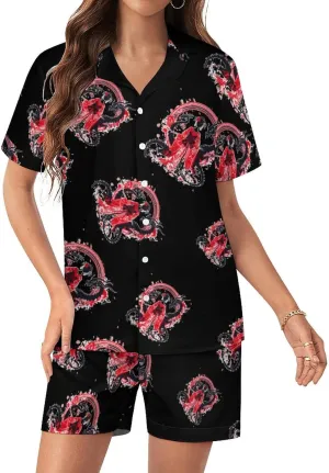 Japanese Geisha Women's Satin Pajama Set Short Sleeve Button Down Sleepwear Loungewear Pj Set