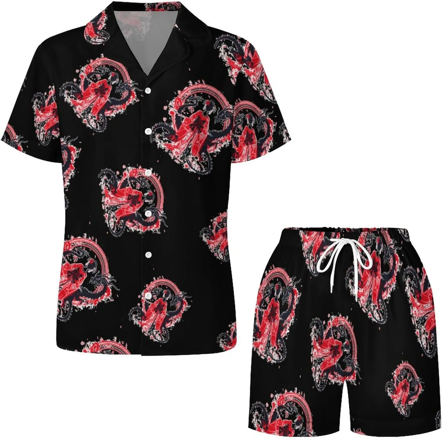Japanese Geisha Women's Satin Pajama Set Short Sleeve Button Down Sleepwear Loungewear Pj Set
