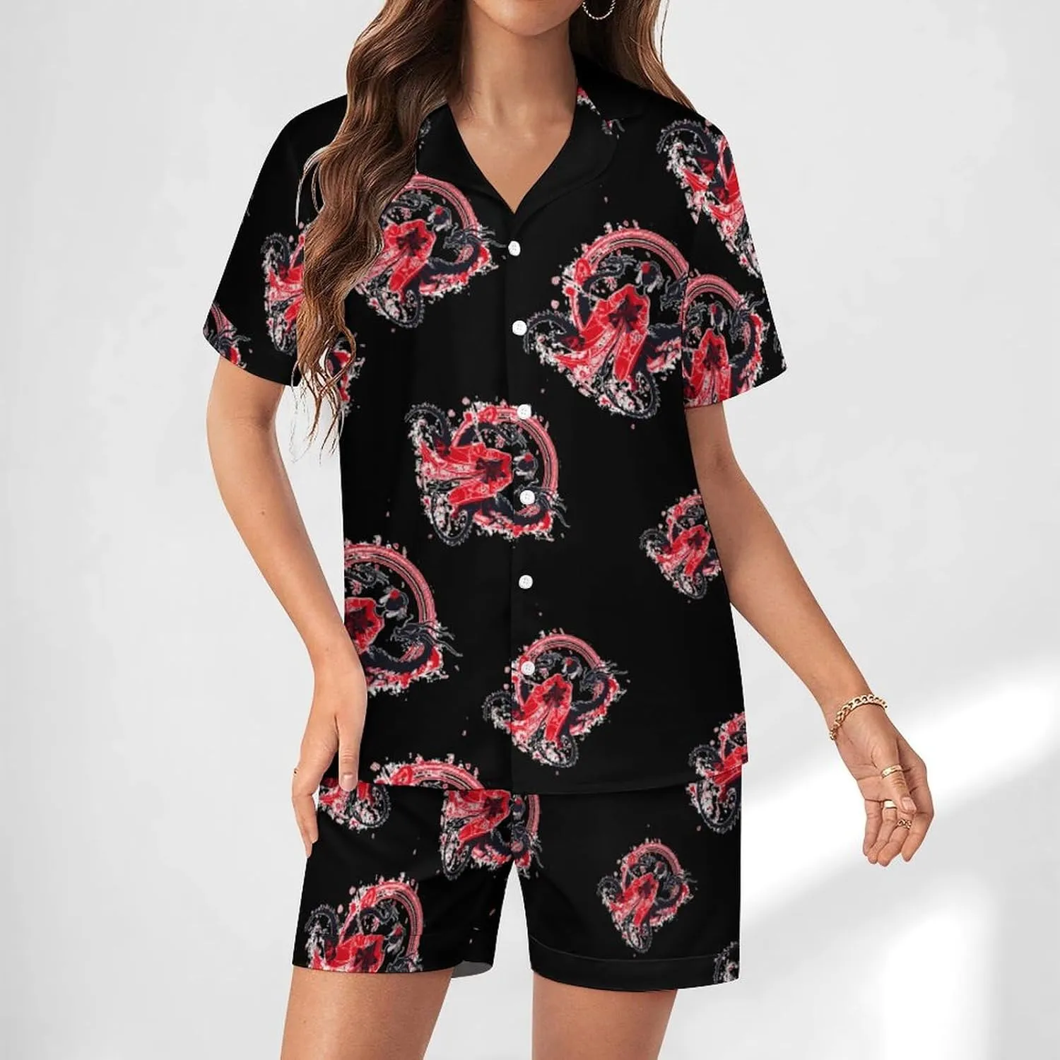 Japanese Geisha Women's Satin Pajama Set Short Sleeve Button Down Sleepwear Loungewear Pj Set