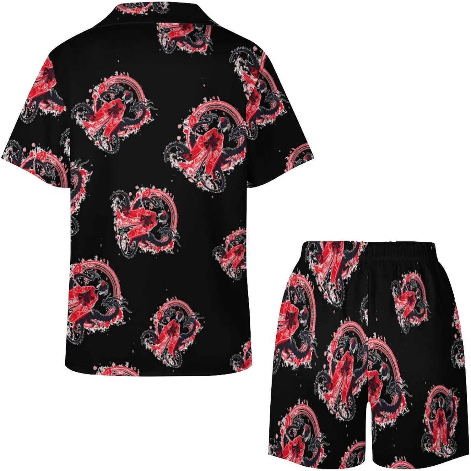 Japanese Geisha Women's Satin Pajama Set Short Sleeve Button Down Sleepwear Loungewear Pj Set