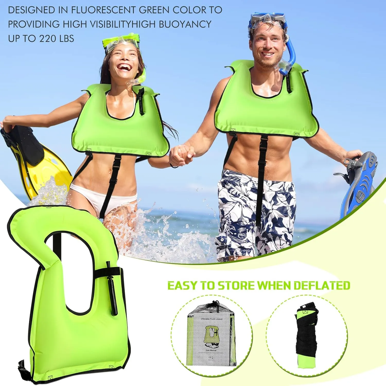 Jerify 4 Pcs Inflatable Snorkel Vest Adults, Portable Swim Vest Jackets, Adjustable Kayaking Jackets Safety Vests for Snorkeling Swimming Diving Surfing