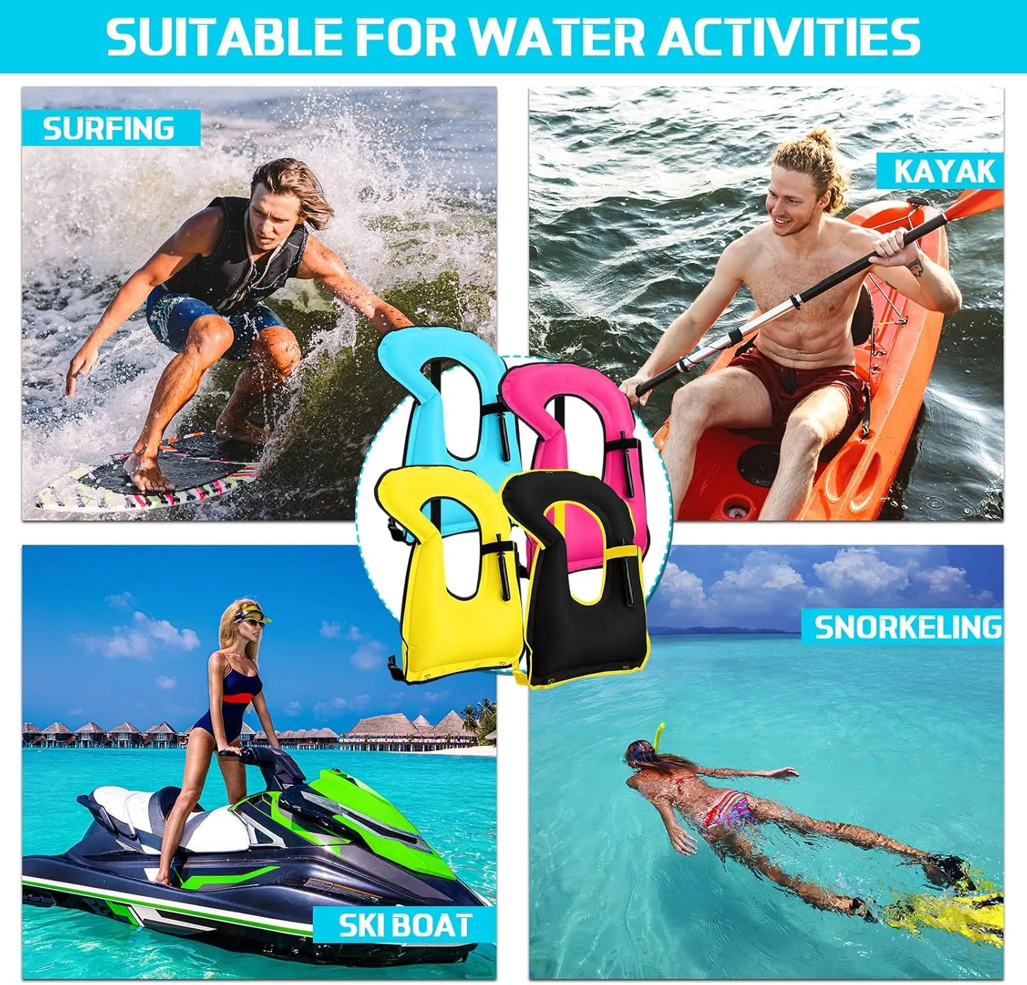 Jerify 4 Pcs Inflatable Snorkel Vest Adults, Portable Swim Vest Jackets, Adjustable Kayaking Jackets Safety Vests for Snorkeling Swimming Diving Surfing