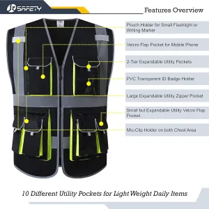 JKSafety 10 Pockets Black Color Safety Vest Zipper Front with High Reflective Strips Meets ANSI/ISEA Standards (88-Black, X-Large)