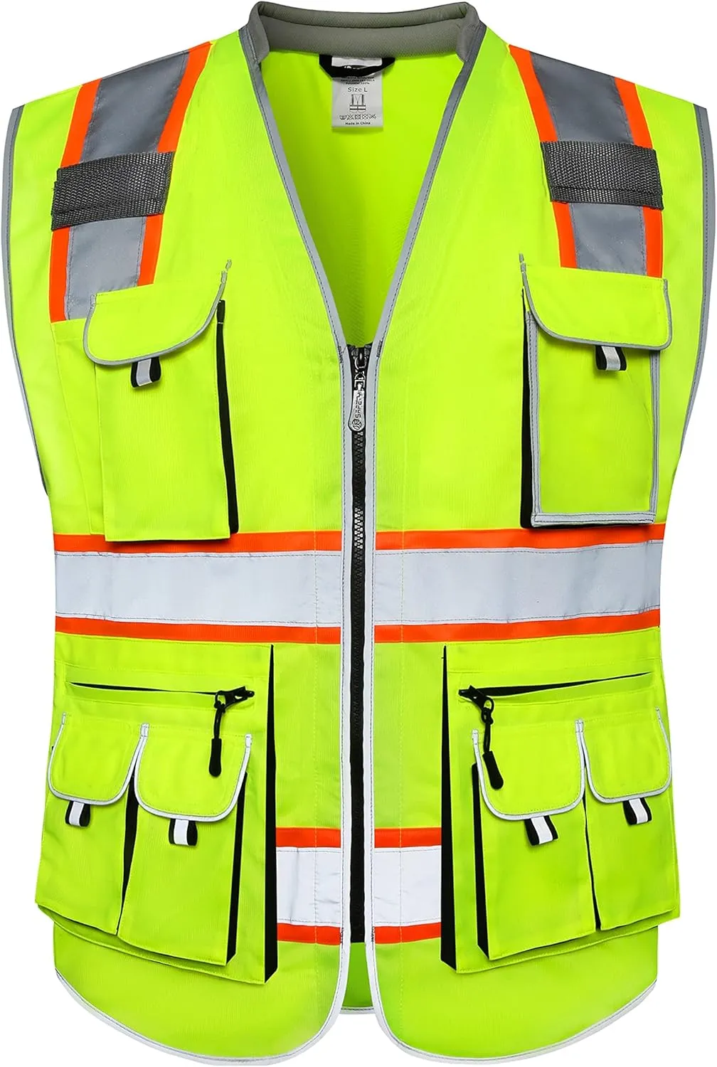 JKSafety 10 Pockets Class 2 Hi-Vis Zipper Front Yellow Safety Vest | Cushioned Collar | High Reflective Tapes with Extended Neon Orange Strips | Meets ANSI/ISEA Standards (XX-Large, 89-Yellow)