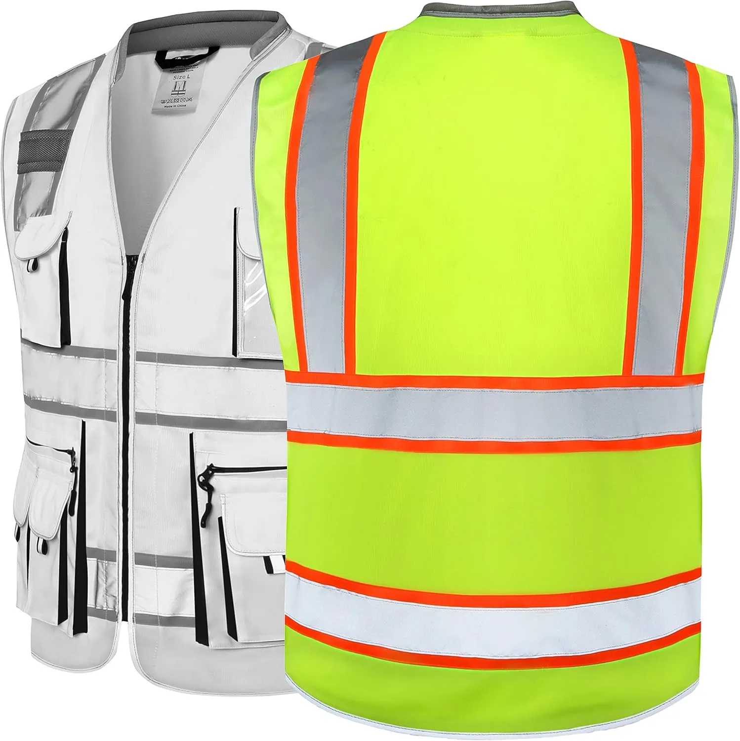 JKSafety 10 Pockets Class 2 Hi-Vis Zipper Front Yellow Safety Vest | Cushioned Collar | High Reflective Tapes with Extended Neon Orange Strips | Meets ANSI/ISEA Standards (XX-Large, 89-Yellow)