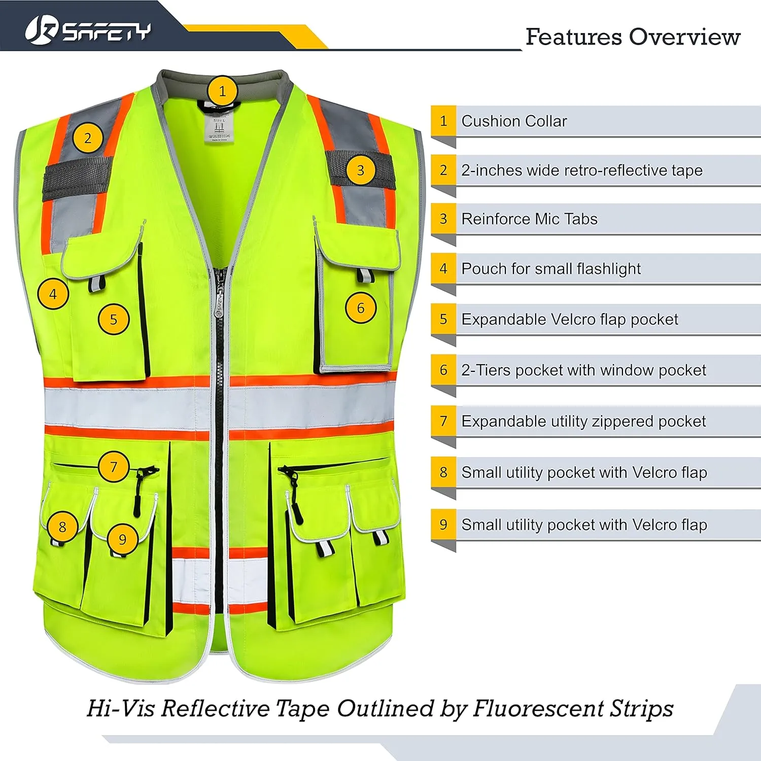 JKSafety 10 Pockets Class 2 Hi-Vis Zipper Front Yellow Safety Vest | Cushioned Collar | High Reflective Tapes with Extended Neon Orange Strips | Meets ANSI/ISEA Standards (XX-Large, 89-Yellow)