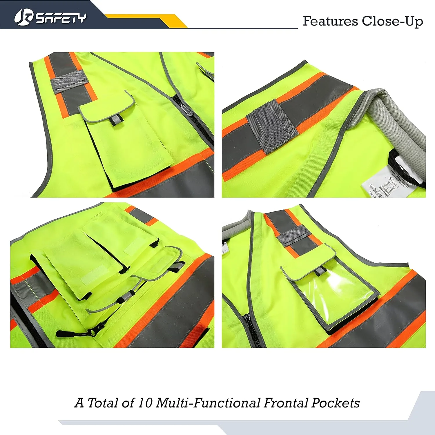 JKSafety 10 Pockets Class 2 Hi-Vis Zipper Front Yellow Safety Vest | Cushioned Collar | High Reflective Tapes with Extended Neon Orange Strips | Meets ANSI/ISEA Standards (XX-Large, 89-Yellow)