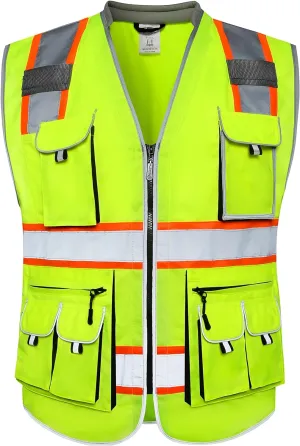 JKSafety 10 Pockets Class 2 Hi-Vis Zipper Front Yellow Safety Vest | Cushioned Collar | High Reflective Tapes with Extended Neon Orange Strips | Meets ANSI/ISEA Standards (XX-Large, 89-Yellow)