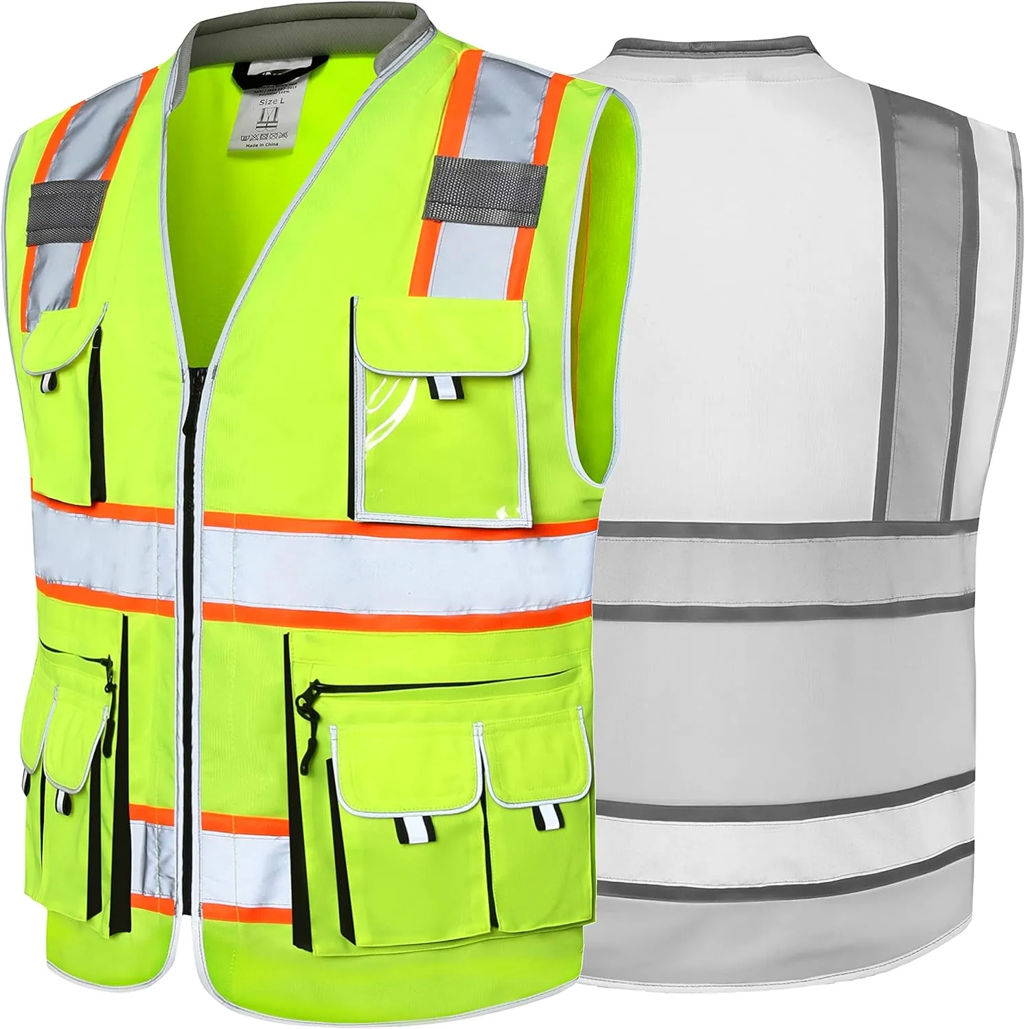 JKSafety 10 Pockets Class 2 Hi-Vis Zipper Front Yellow Safety Vest | Cushioned Collar | High Reflective Tapes with Extended Neon Orange Strips | Meets ANSI/ISEA Standards (XX-Large, 89-Yellow)