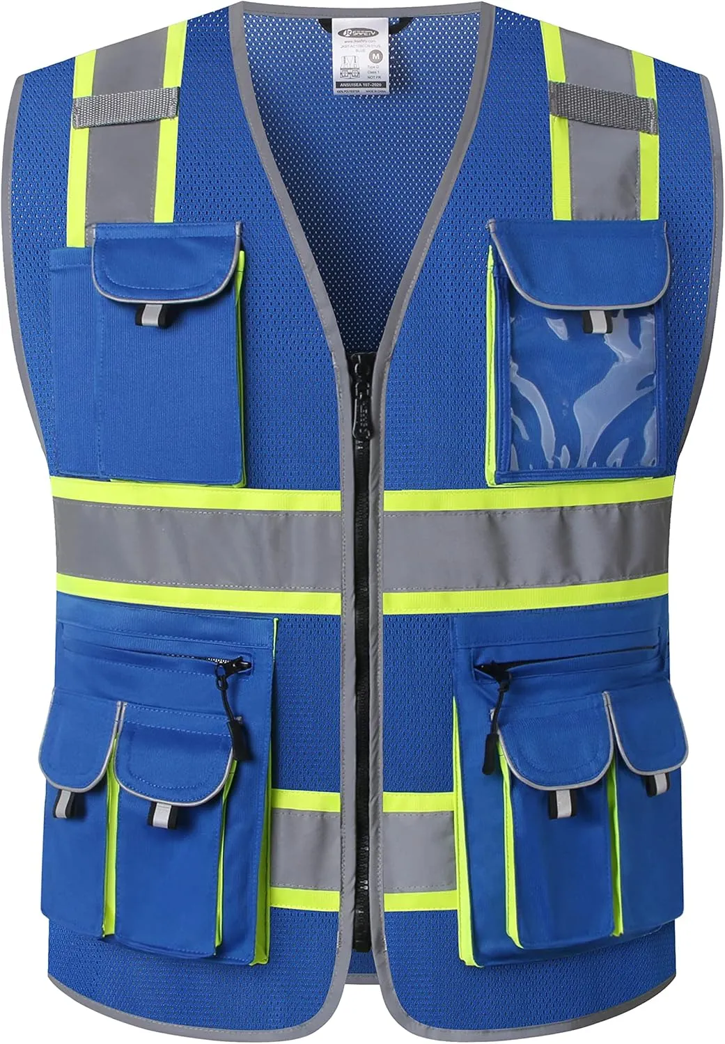 JKSafety 10 Pockets Hi-Vis Neon Color Frontal Zipper Mesh Safety Vest for Men Women Safety Utility for works Comply to ANSI/ISEA Standards (86-Blue M)