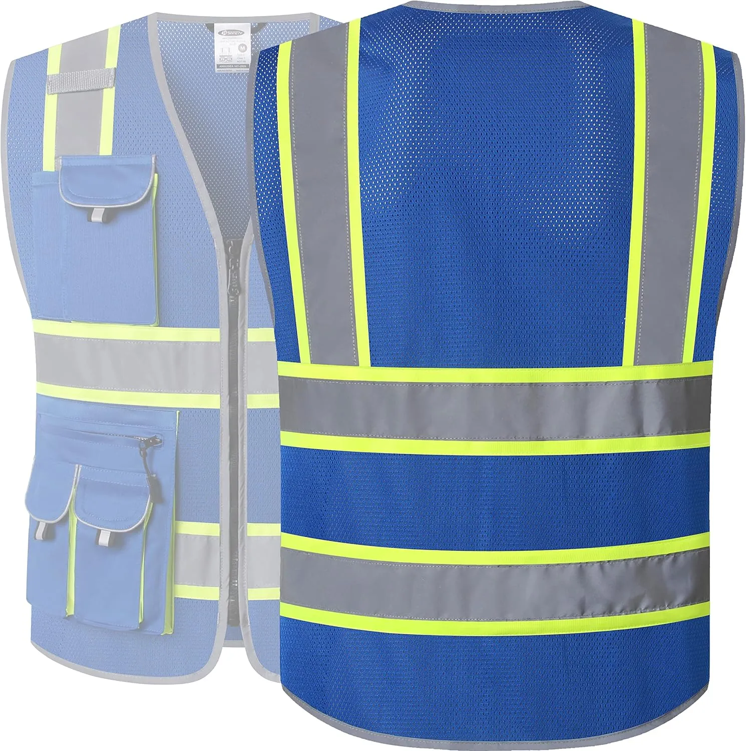 JKSafety 10 Pockets Hi-Vis Neon Color Frontal Zipper Mesh Safety Vest for Men Women Safety Utility for works Comply to ANSI/ISEA Standards (86-Blue M)