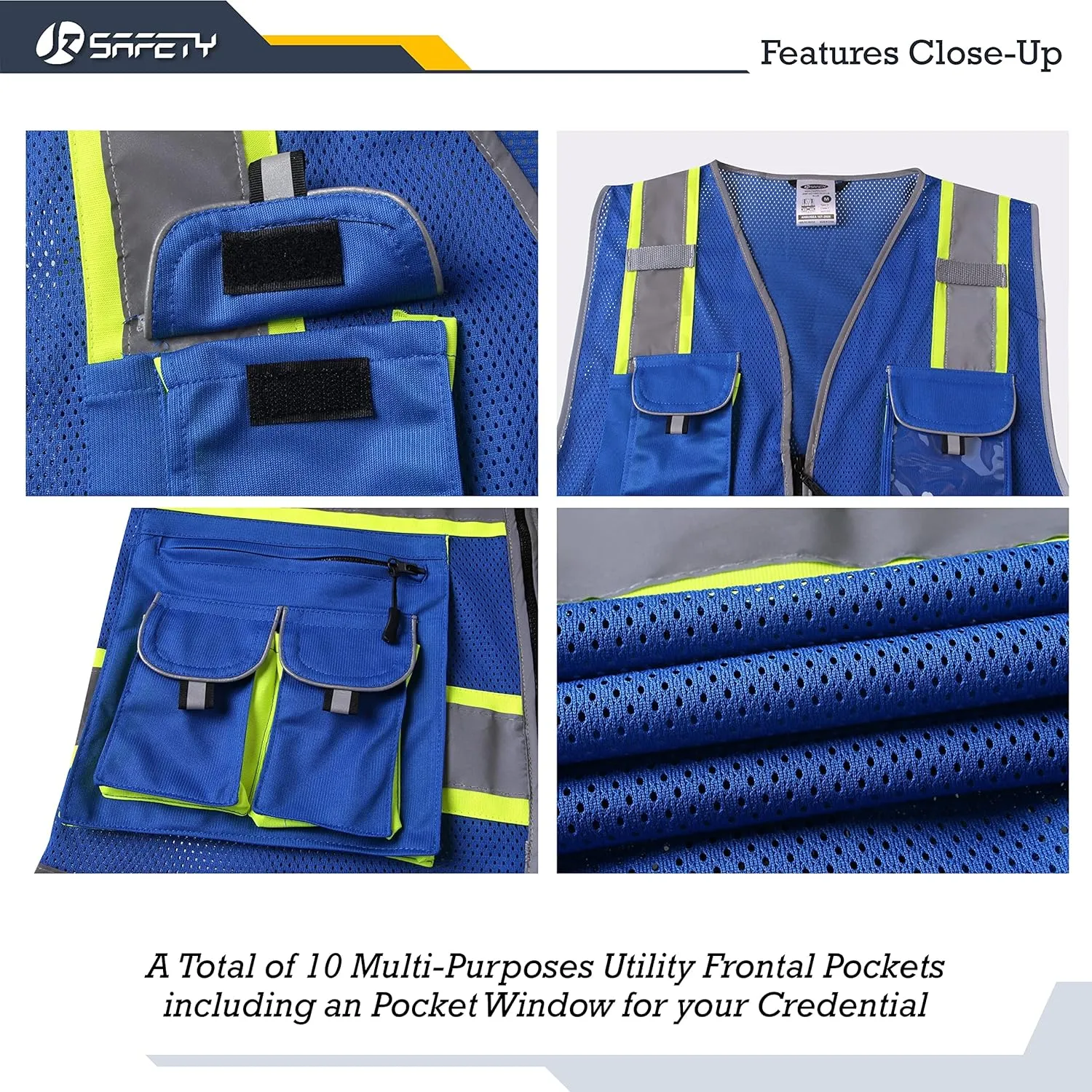 JKSafety 10 Pockets Hi-Vis Neon Color Frontal Zipper Mesh Safety Vest for Men Women Safety Utility for works Comply to ANSI/ISEA Standards (86-Blue M)