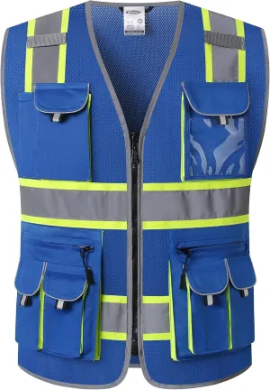 JKSafety 10 Pockets Hi-Vis Neon Color Frontal Zipper Mesh Safety Vest for Men Women Safety Utility for works Comply to ANSI/ISEA Standards (86-Blue M)