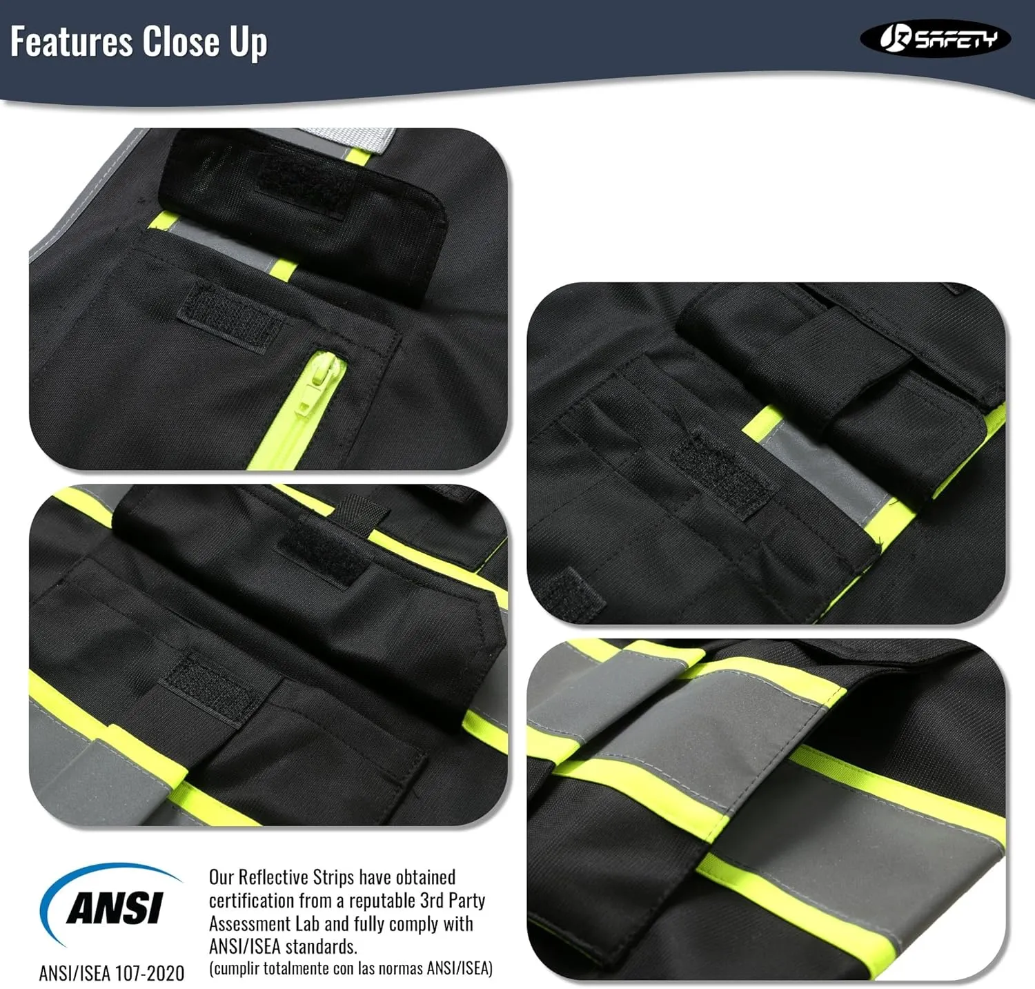 JKSafety 7 Pockets High Visibility Black Safety Vest for Men and Women Zipper Front with Hi-Vis Reflective Strips Meets ANSI/ISEA Standards(130-Black, X-Large)