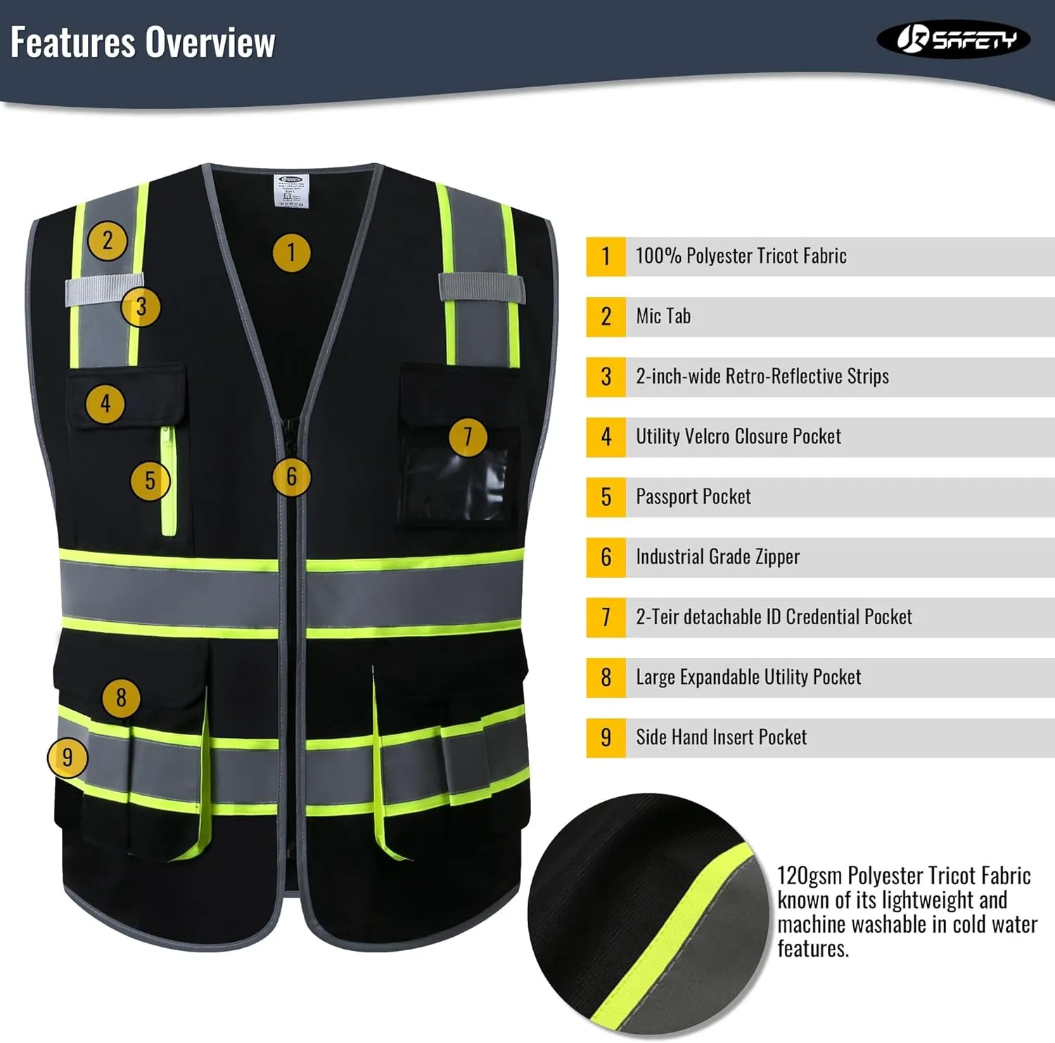 JKSafety 7 Pockets High Visibility Black Safety Vest for Men and Women Zipper Front with Hi-Vis Reflective Strips Meets ANSI/ISEA Standards(130-Black, X-Large)