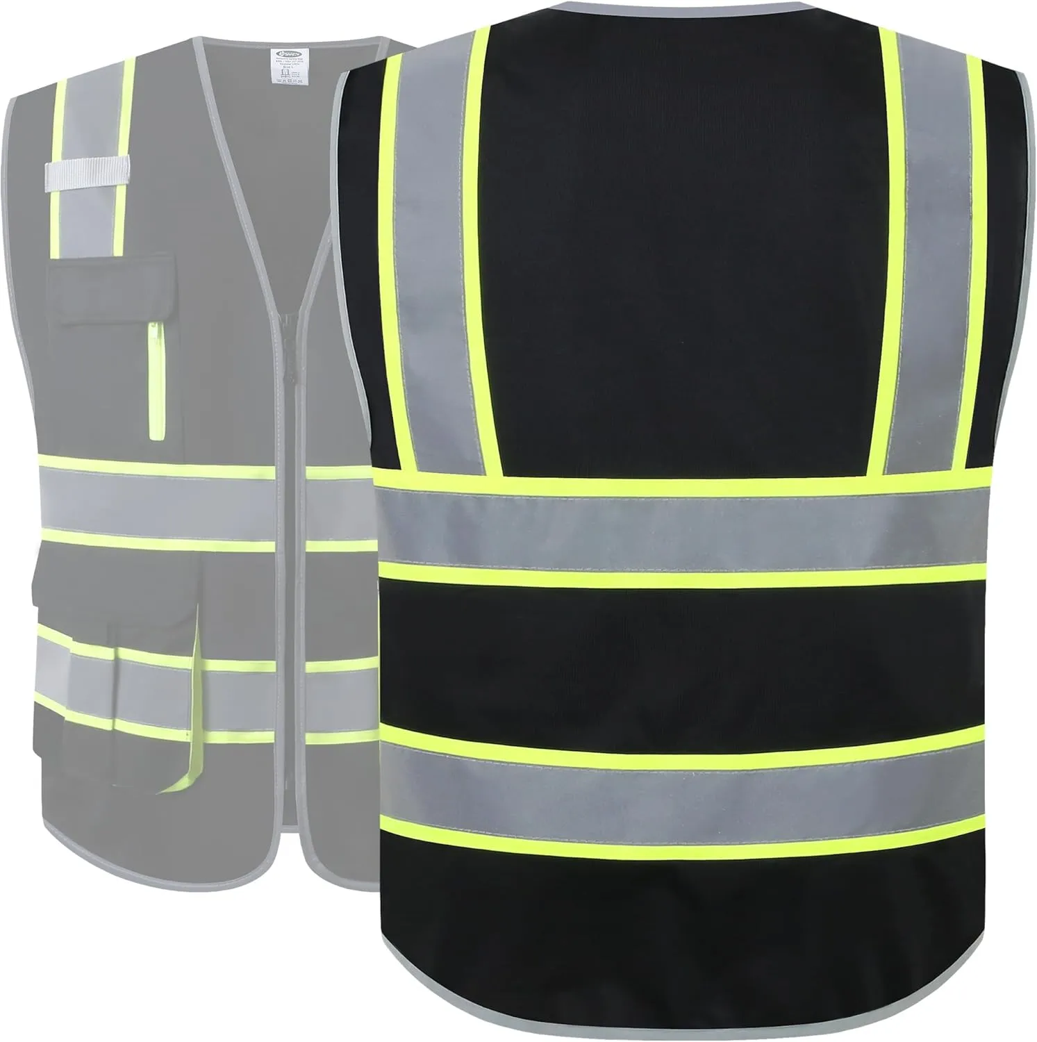 JKSafety 7 Pockets High Visibility Black Safety Vest for Men and Women Zipper Front with Hi-Vis Reflective Strips Meets ANSI/ISEA Standards(130-Black, X-Large)