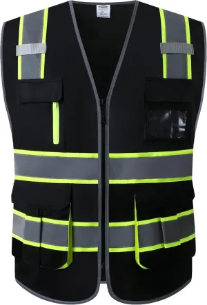 JKSafety 7 Pockets High Visibility Black Safety Vest for Men and Women Zipper Front with Hi-Vis Reflective Strips Meets ANSI/ISEA Standards(130-Black, X-Large)