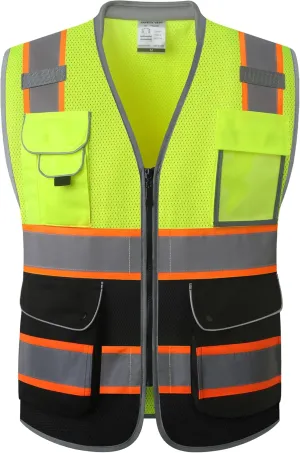 JKSafety 9 Pockets Class 2 Hi-Vis Safety Vest High Visibility Reflecitive Mesh Safety Vests for Men and Women Cushioned Collar Work Utility PPE Work Gear ANSI/ISEA compliant (101-YBlack M)