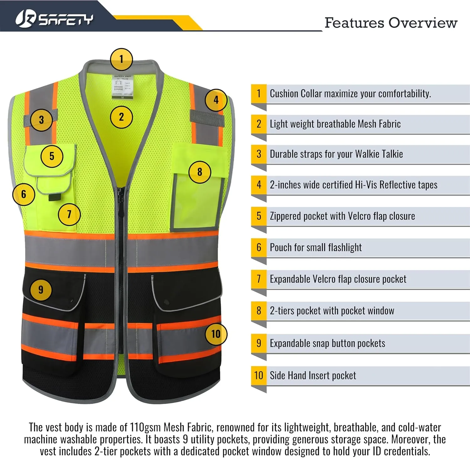 JKSafety 9 Pockets Class 2 Hi-Vis Safety Vest High Visibility Reflecitive Mesh Safety Vests for Men and Women Cushioned Collar Work Utility PPE Work Gear ANSI/ISEA compliant (101-YBlack M)