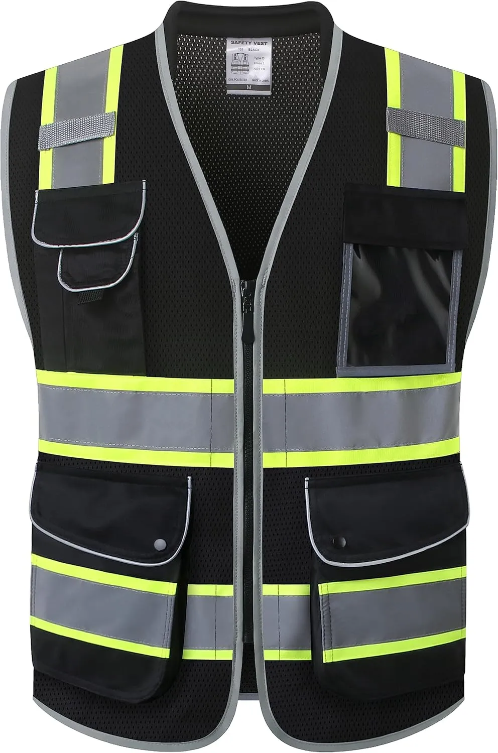 JKSafety 9 Pockets Hi-Vis Black Safety Vest for Men Women High Visibility Reflective Construction Mesh Fabric Cushioned Collar Work Utility PPE Work Gear ANSI/ISEA compliant (101-Black XL)