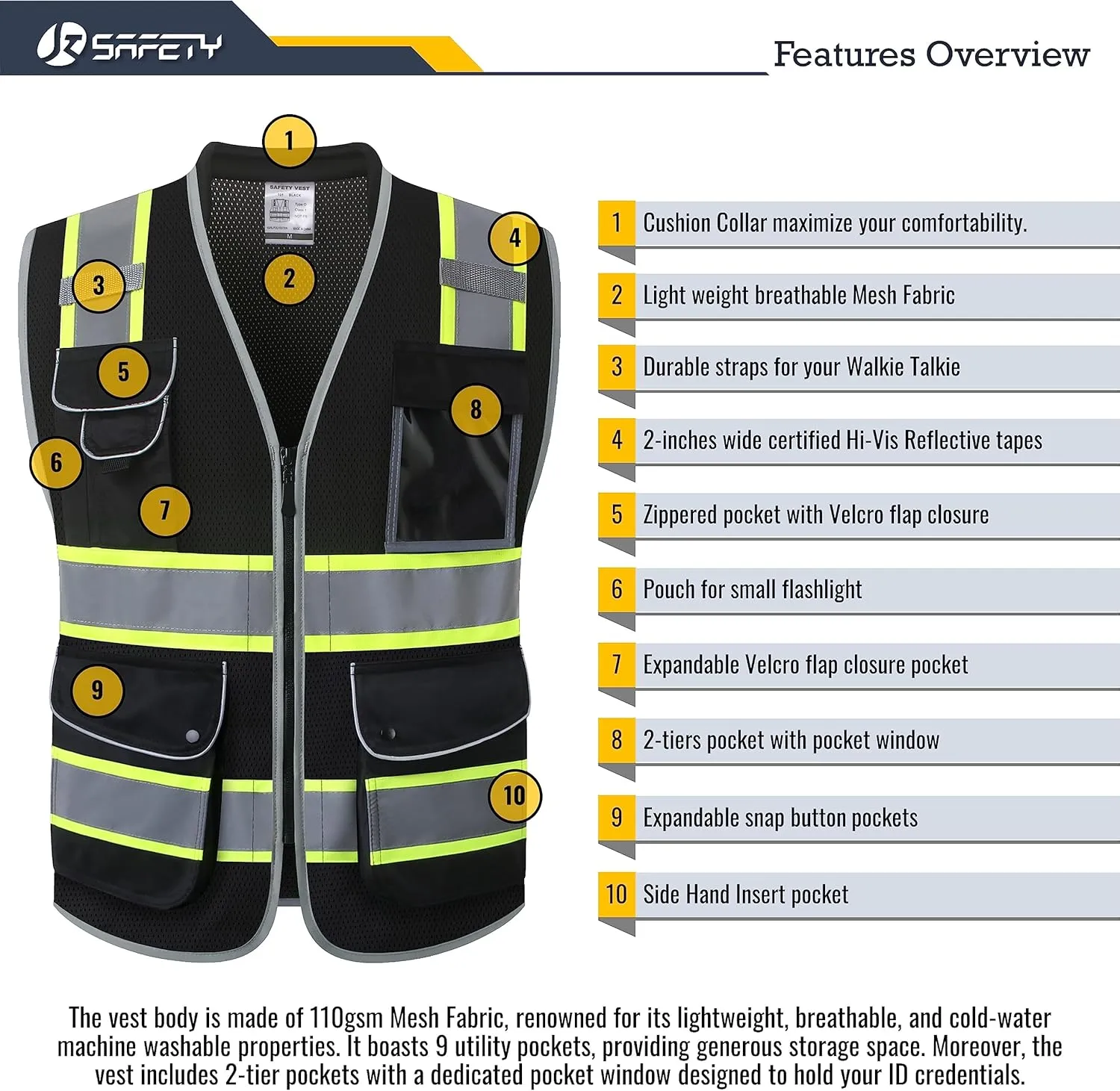 JKSafety 9 Pockets Hi-Vis Black Safety Vest for Men Women High Visibility Reflective Construction Mesh Fabric Cushioned Collar Work Utility PPE Work Gear ANSI/ISEA compliant (101-Black XL)