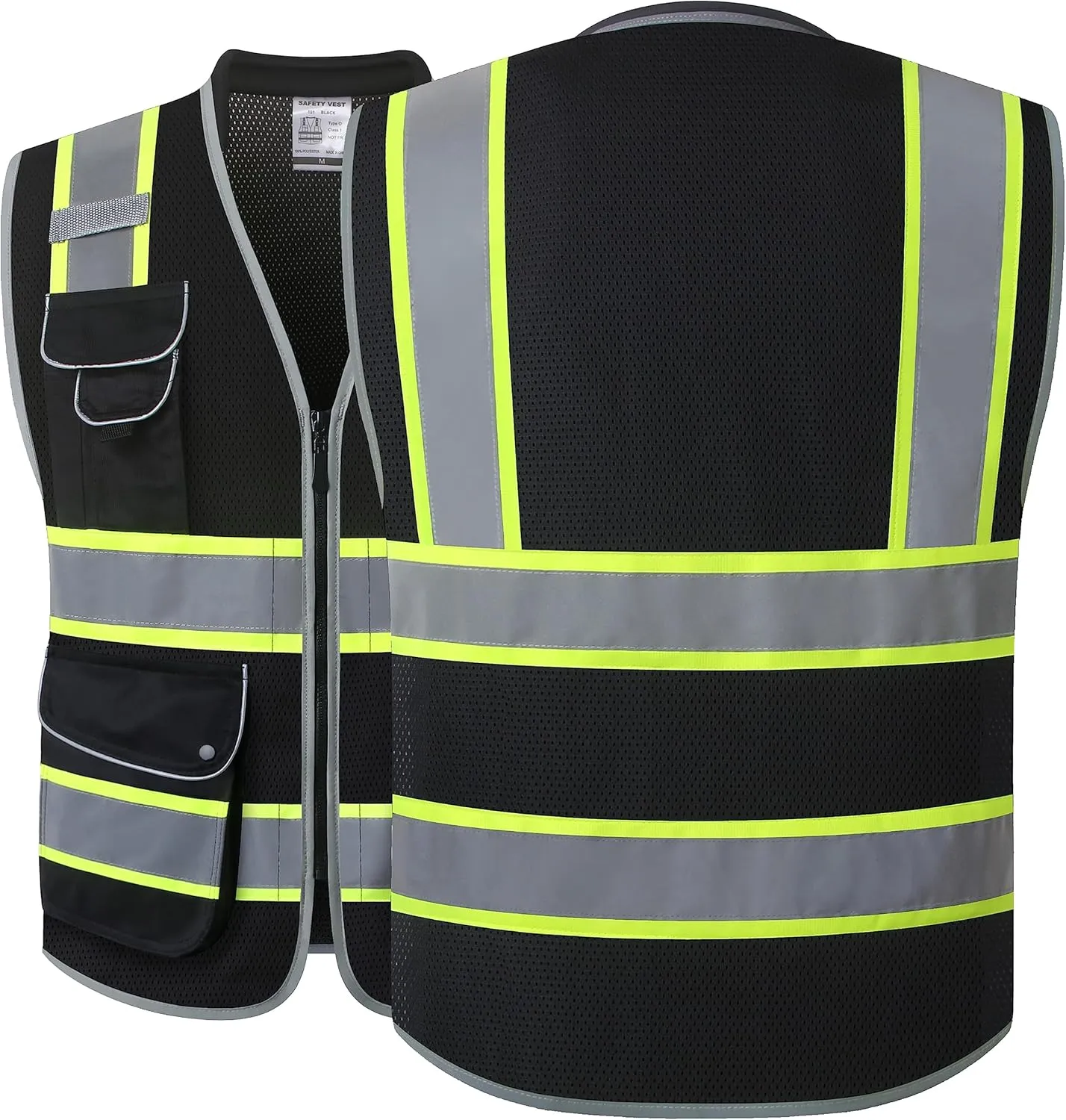 JKSafety 9 Pockets Hi-Vis Black Safety Vest for Men Women High Visibility Reflective Construction Mesh Fabric Cushioned Collar Work Utility PPE Work Gear ANSI/ISEA compliant (101-Black XL)