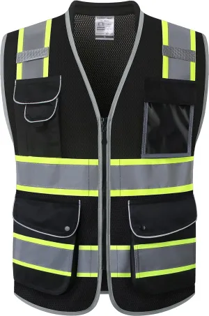 JKSafety 9 Pockets Hi-Vis Black Safety Vest for Men Women High Visibility Reflective Construction Mesh Fabric Cushioned Collar Work Utility PPE Work Gear ANSI/ISEA compliant (101-Black XL)