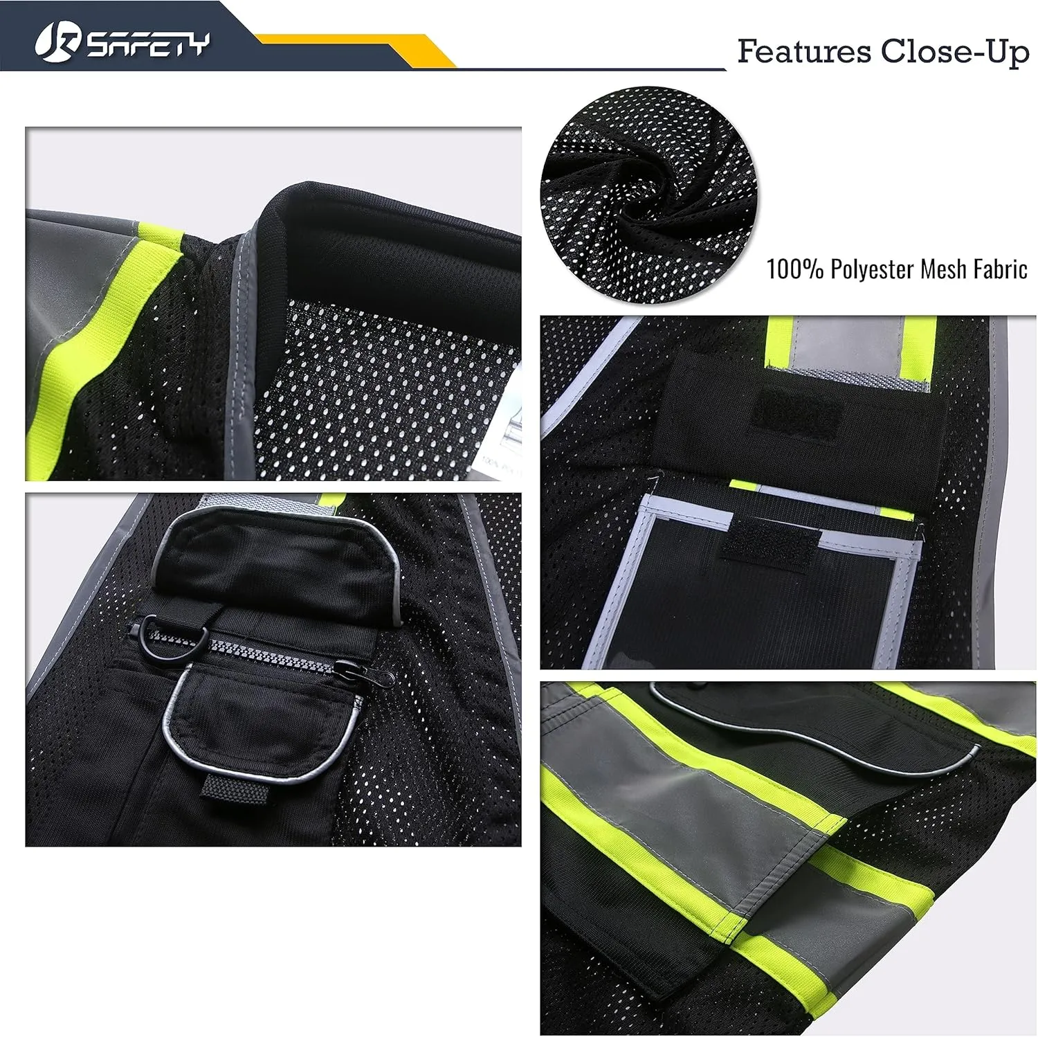 JKSafety 9 Pockets Hi-Vis Black Safety Vest for Men Women High Visibility Reflective Construction Mesh Fabric Cushioned Collar Work Utility PPE Work Gear ANSI/ISEA compliant (101-Black XL)