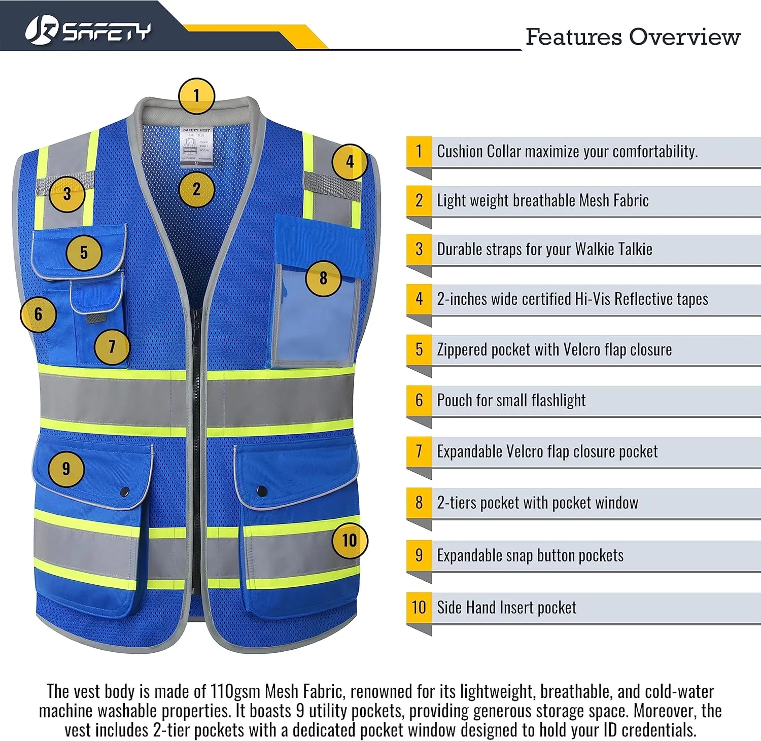 JKSafety 9 Pockets Hi-Vis Safety Vest Breathable Mesh Fabric Cushioned Collar Work Utility PPE Lightweight Industrial Work Gear ANSI/ISEA compliant (101-Blue XL)
