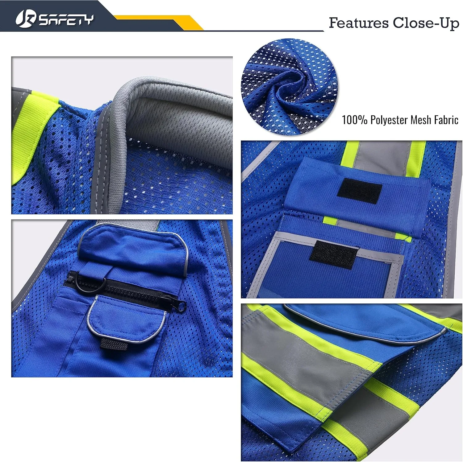 JKSafety 9 Pockets Hi-Vis Safety Vest Breathable Mesh Fabric Cushioned Collar Work Utility PPE Lightweight Industrial Work Gear ANSI/ISEA compliant (101-Blue XL)