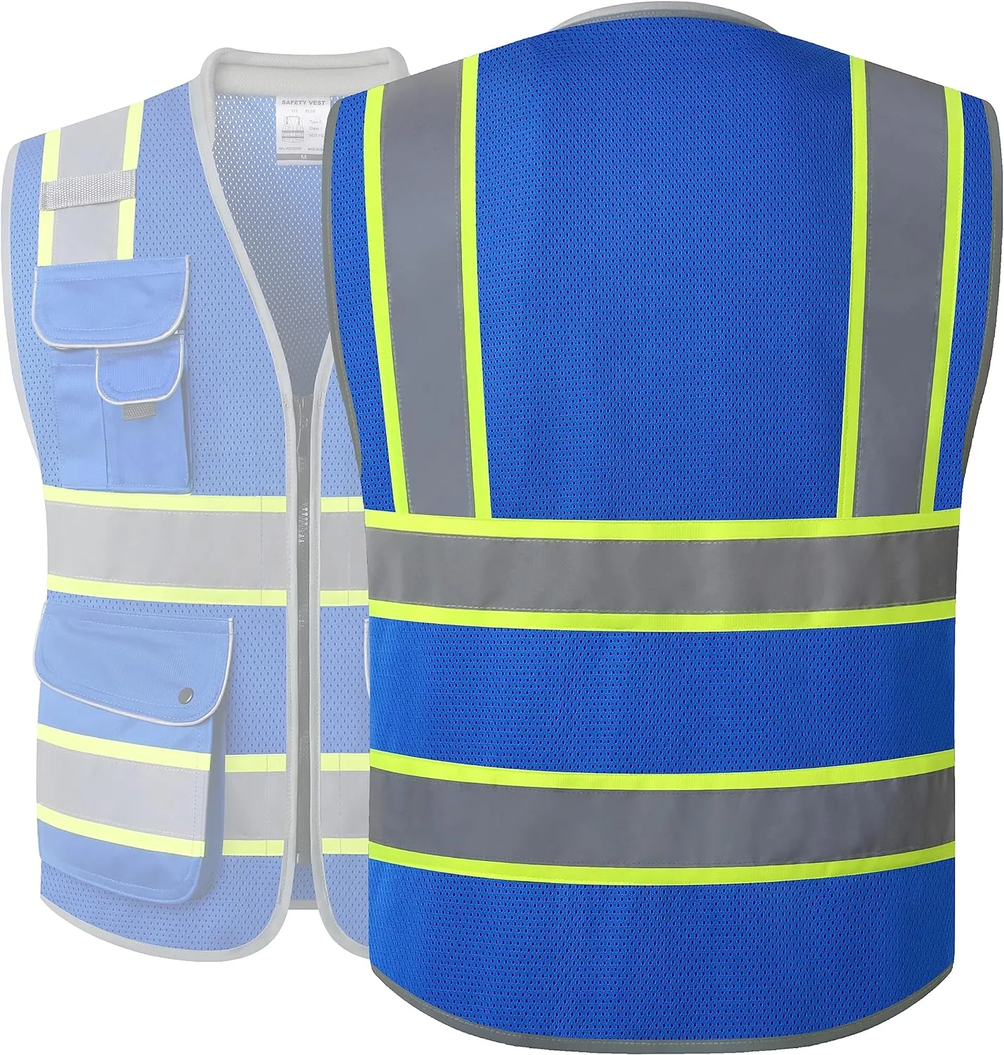 JKSafety 9 Pockets Hi-Vis Safety Vest Breathable Mesh Fabric Cushioned Collar Work Utility PPE Lightweight Industrial Work Gear ANSI/ISEA compliant (101-Blue XL)
