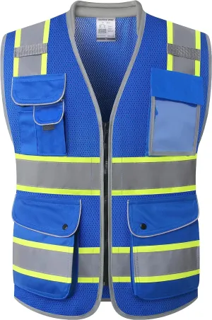 JKSafety 9 Pockets Hi-Vis Safety Vest Breathable Mesh Fabric Cushioned Collar Work Utility PPE Lightweight Industrial Work Gear ANSI/ISEA compliant (101-Blue XL)