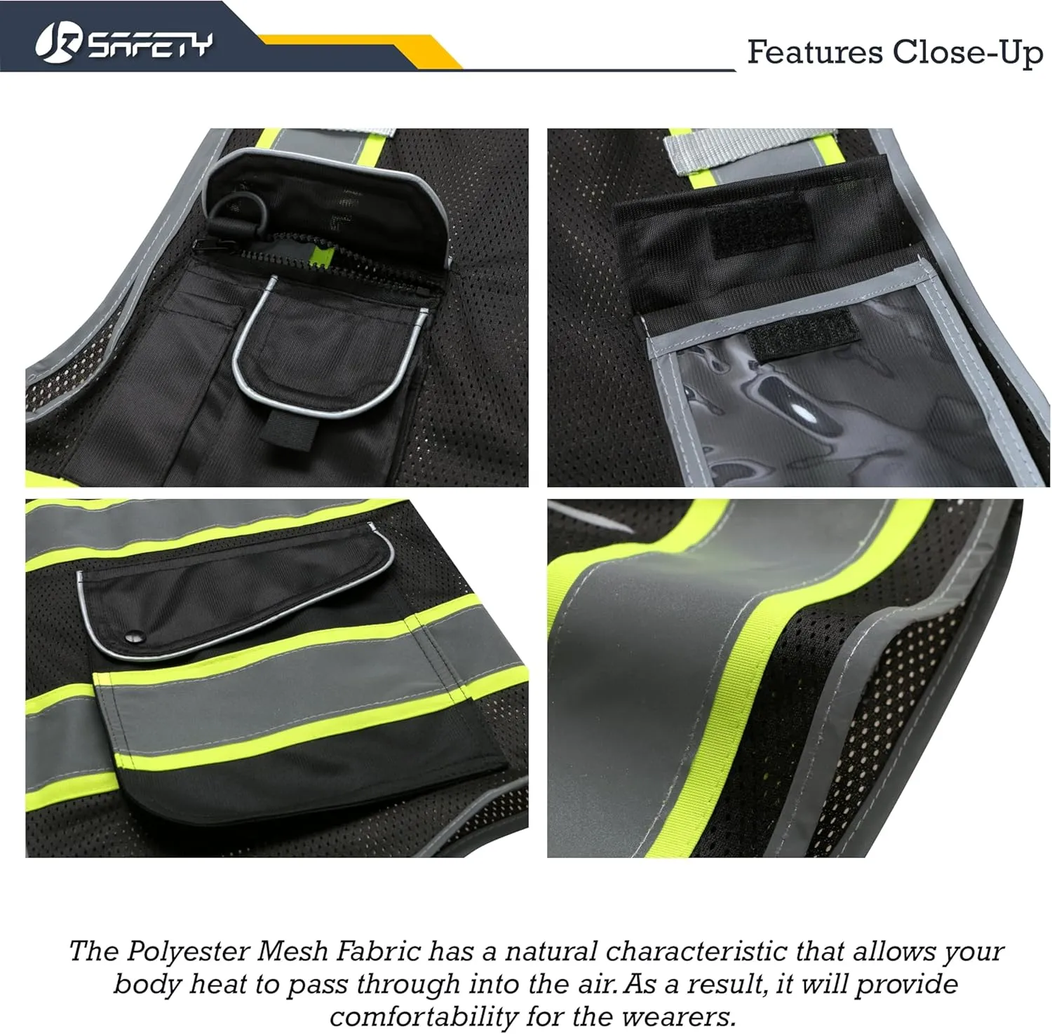 JKSafety 9 Pockets High Visibility Zipper Front MESH Black Safety Vest | Black with Dual Tone High Reflective Strips | ANSI/ISEA Standards (100-Black, XL)