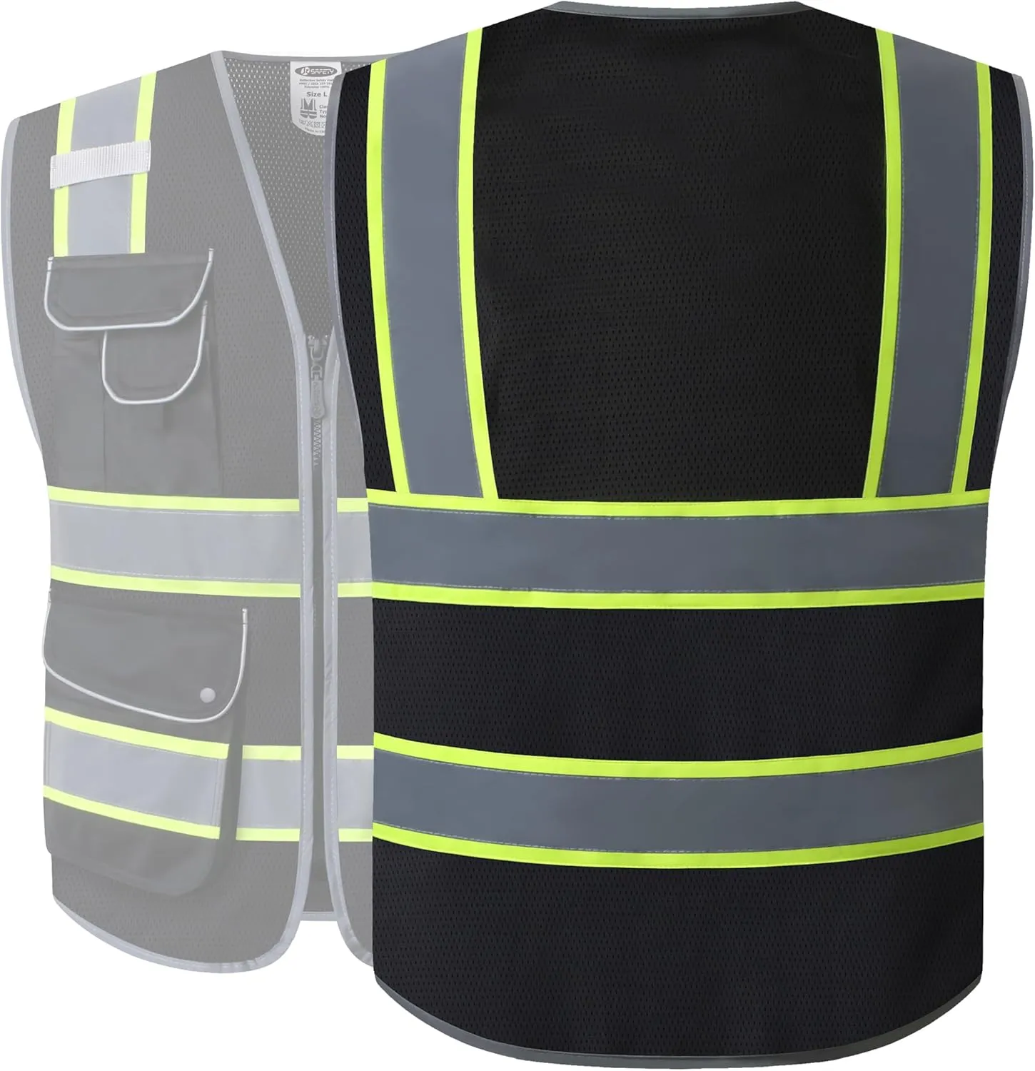 JKSafety 9 Pockets High Visibility Zipper Front MESH Black Safety Vest | Black with Dual Tone High Reflective Strips | ANSI/ISEA Standards (100-Black, XL)