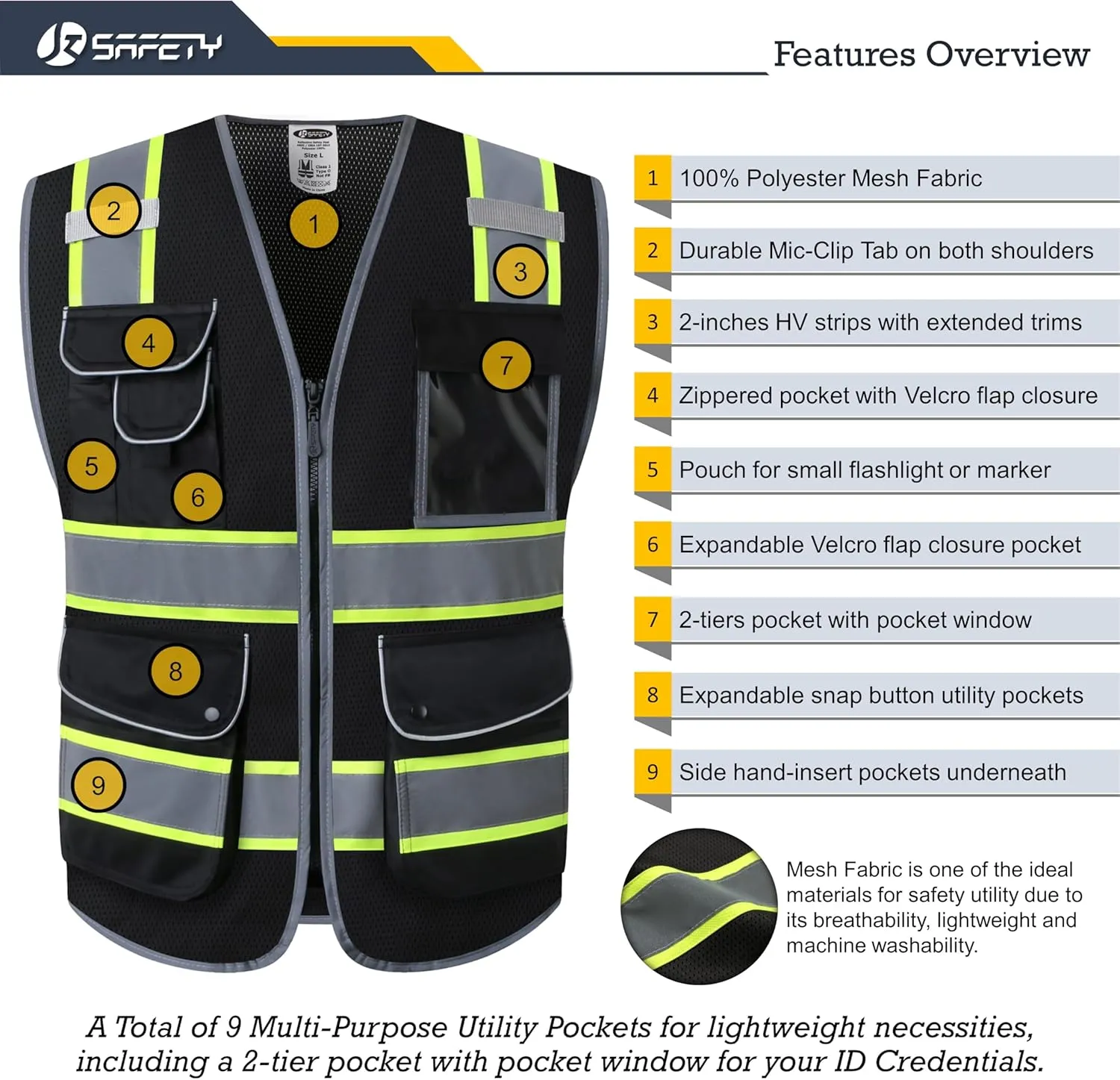 JKSafety 9 Pockets High Visibility Zipper Front MESH Black Safety Vest | Black with Dual Tone High Reflective Strips | ANSI/ISEA Standards (100-Black, XL)