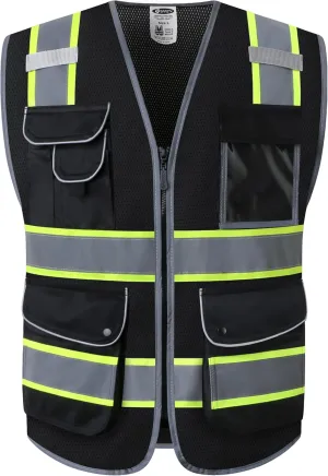JKSafety 9 Pockets High Visibility Zipper Front MESH Black Safety Vest | Black with Dual Tone High Reflective Strips | ANSI/ISEA Standards (100-Black, XL)