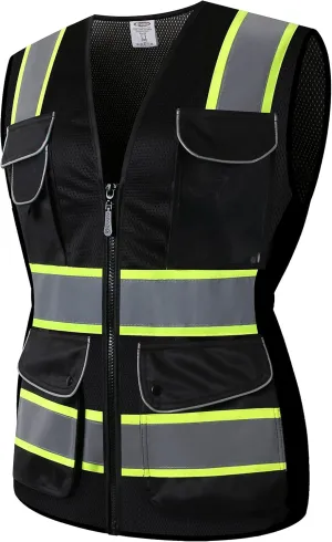 JKSafety Women Hi-Vis Reflective Safety Vest | Neon Color body Sewed Reflective Strips Breathable Lightweight ANSI Compliant