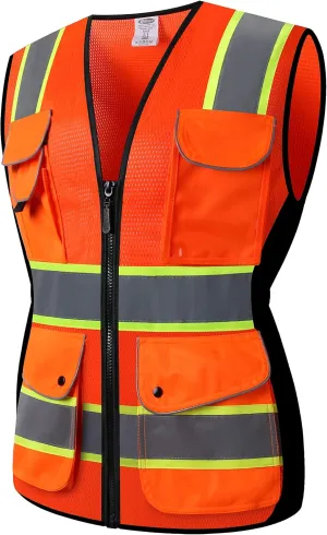 JKSafety Women Hi-Vis Reflective Safety Vest | Neon Color body Sewed Reflective Strips Breathable Lightweight ANSI Compliant