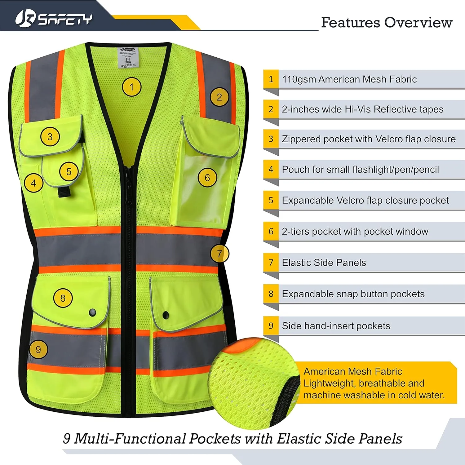 JKSafety Women Hi-Vis Reflective Safety Vest | Neon Color body Sewed Reflective Strips Breathable Lightweight ANSI Compliant
