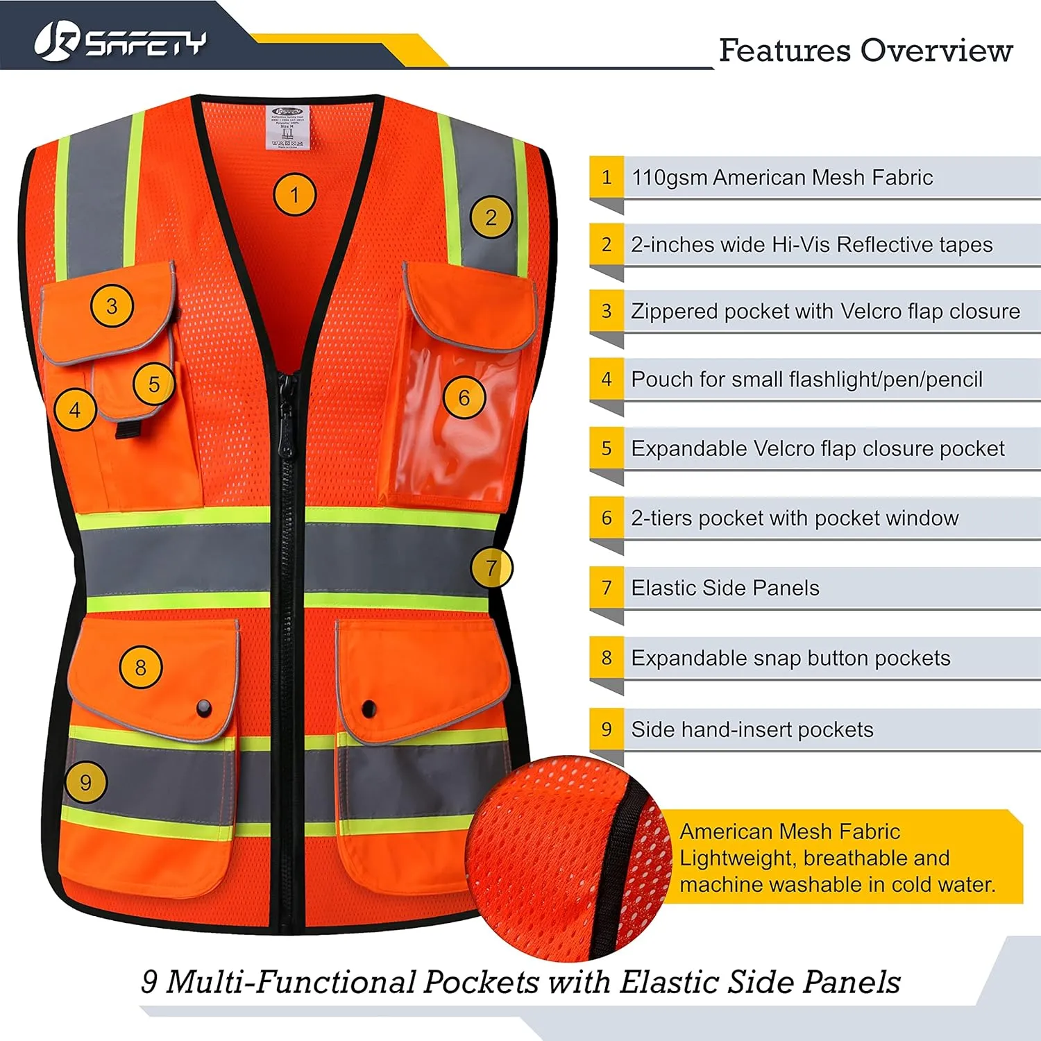JKSafety Women Hi-Vis Reflective Safety Vest | Neon Color body Sewed Reflective Strips Breathable Lightweight ANSI Compliant