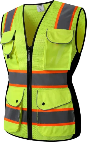 JKSafety Women Hi-Vis Reflective Safety Vest | Neon Color body Sewed Reflective Strips Breathable Lightweight ANSI Compliant