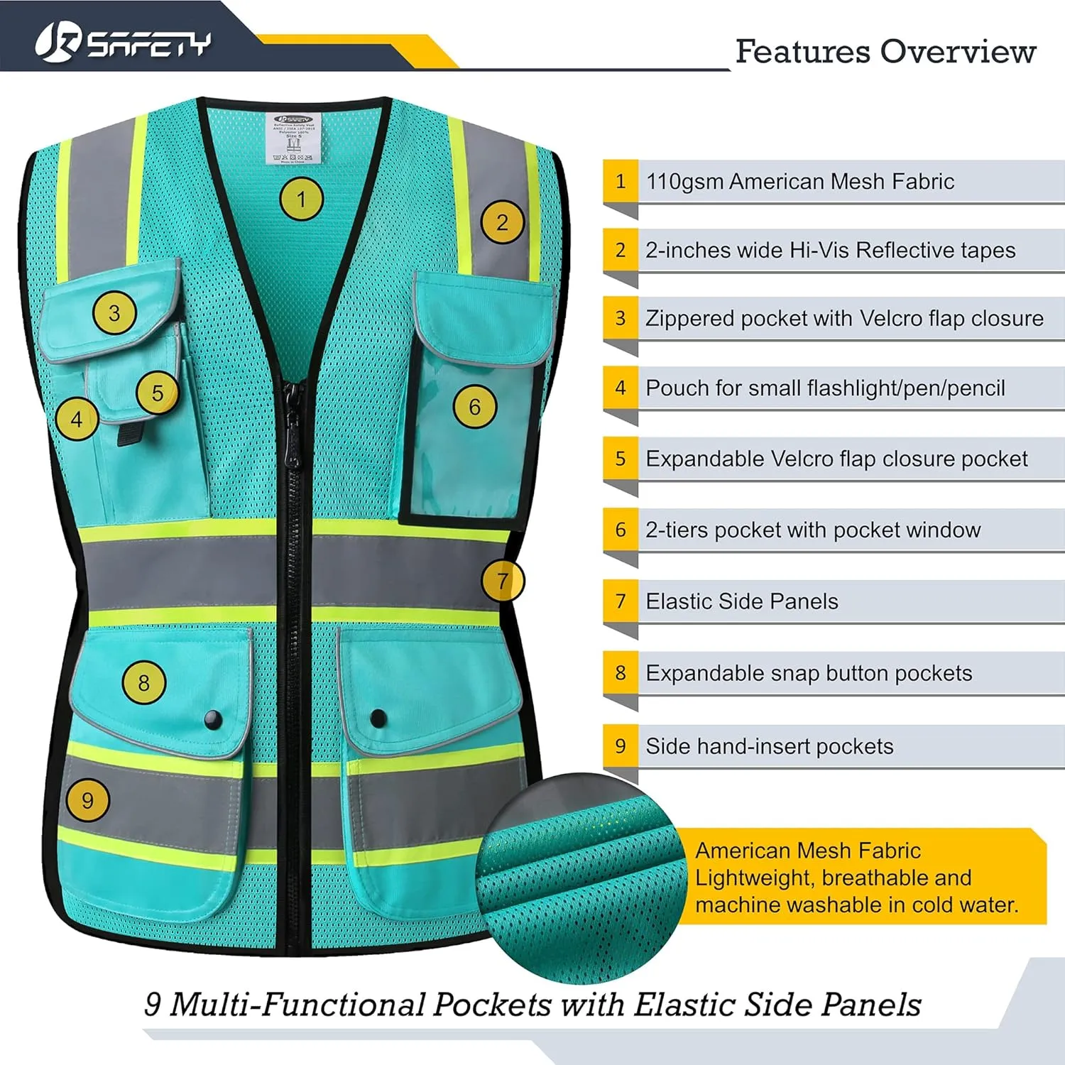 JKSafety Women Hi-Vis Reflective Safety Vest | Neon Color body Sewed Reflective Strips Breathable Lightweight ANSI Compliant
