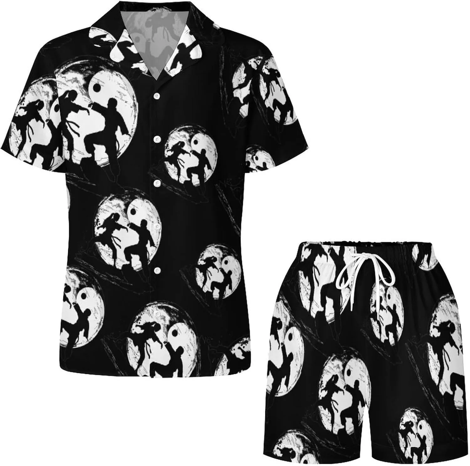 Karate Yin And Yang Sign Women's Satin Pajama Set Short Sleeve Button Down Sleepwear Loungewear Pj Set